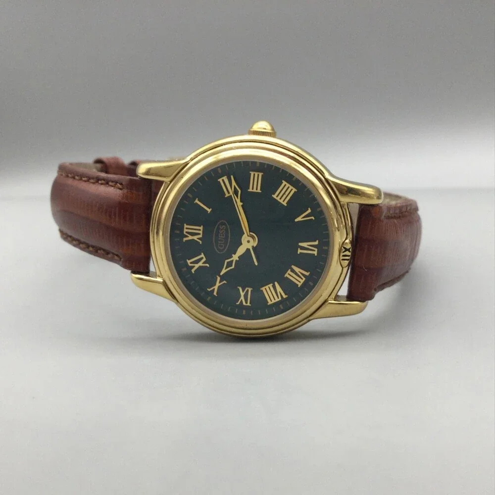 Vintage 1994 Guess Womens Watch 25mm Green Dial Gold Tone Leather New Battery